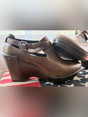 Dansko “Franco”  Brown Leather Wedge Mary Janes with Buckle Strap